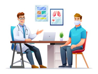 Doktor hastane ofisinde hastayla konuşuyor. Klinikte tıbbi danışmanlık. Vektör çizgi film karakteri çizimi