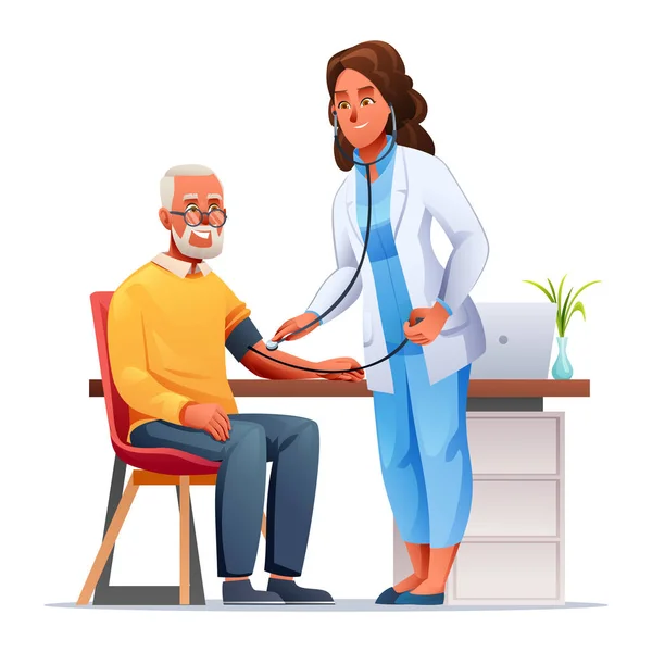 医師室のシニア患者に血圧を測定する女性医師 医療検査のコンセプト ベクトル漫画キャラクターイラスト — ストックベクタ
