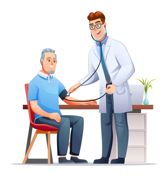 診療所の高齢患者に血圧を測定する医師 医療検査と医療のコンセプト ベクトル漫画キャラクターイラスト — ストックベクタ