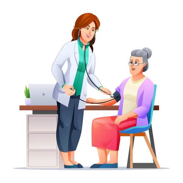 高齢女性患者に血圧を測定する医師 医療検査のコンセプト ベクトル漫画キャラクターイラスト — ストックベクタ