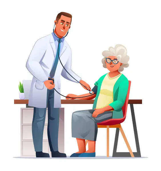 診療所の高齢女性患者に血圧を測定する医師 医療検査のコンセプト ベクトル漫画キャラクターイラスト — ストックベクタ