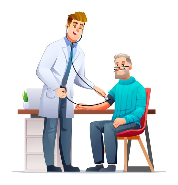 医師は医師のオフィスの上級患者に血圧を測定する 医療検査のコンセプト ベクトル漫画キャラクターイラスト — ストックベクタ