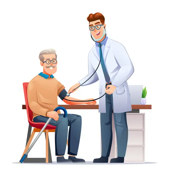 医師は 医師室の高齢患者に血圧を測定する 医療検査のコンセプト ベクトル漫画キャラクターイラスト — ストックベクタ