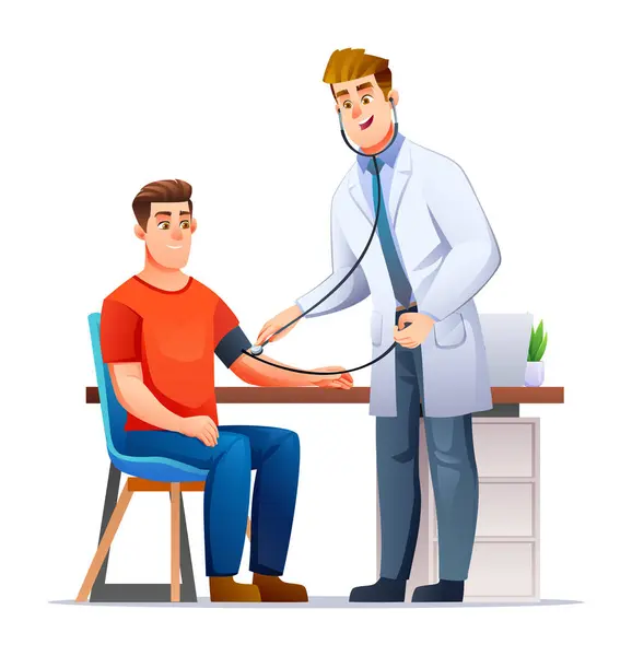 診療所の患者に血圧を測定する医師 医療検査と医療のコンセプト ベクトル漫画キャラクターイラスト — ストックベクタ