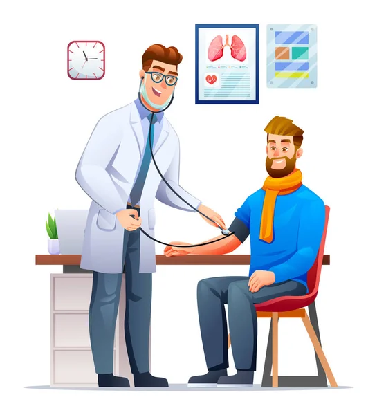 診療所の患者に血圧を測定する医師 医療検査のコンセプト ベクトル漫画キャラクターイラスト — ストックベクタ
