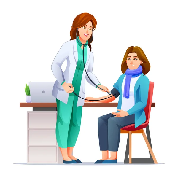 診療所の女性患者に血圧を測定する医師 医療検査のコンセプト ベクトル漫画キャラクターイラスト — ストックベクタ