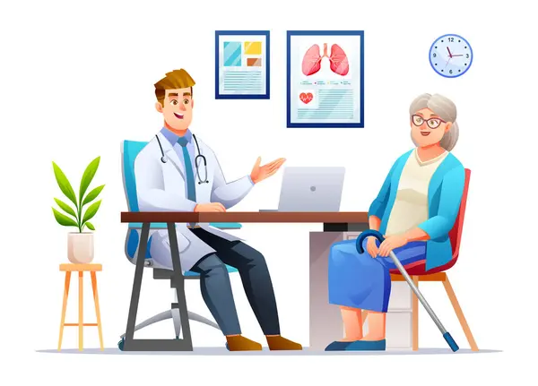 医師は病院の高齢女性患者と話している 医療コンサルティングのコンセプト ベクトル漫画キャラクターイラスト — ストックベクタ
