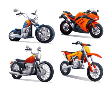 Çeşitli tipte motorsikletler. Vektör karikatür çizimi beyaz arkaplanda izole edildi