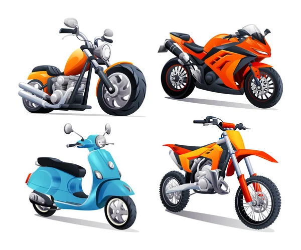 Juego Motocicletas Vector Ilustración Dibujos Animados Chopper Moto Deportiva Scooter — Vector de stock