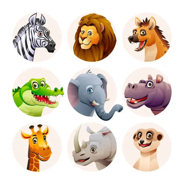 Conjunto Personajes Avatar Animal Caras Animales Sabana Lindo Estilo Dibujos — Vector de stock