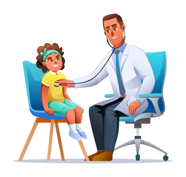 Dokter Die Een Klein Meisje Onderzoekt Met Stethoscoop Vector Cartoon — Stockvector