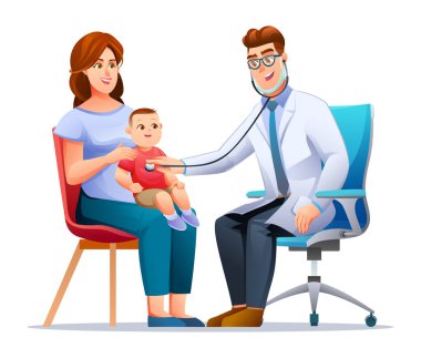 Pediyatrist annesinin kucağında oturan küçük bir çocuğun göğsünü steteskopla muayene ediyor. Vektör çizgi film karakteri çizimi
