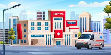 Ambulans arabalı hastane binası. Tıbbi konsept arka plan çizimi