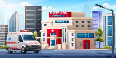 Ambulans arabalı hastane binası. Tıbbi konsept tasarım arka plan çizimi