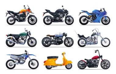 Motosiklet set vektör çizimi. Çeşitli türde motosiklet koleksiyonu