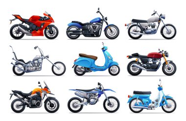 Çeşitli tipte motorsikletler. Vektör çizgi film illüstrasyonu