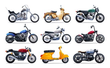 Çeşitli tipte klasik motosikletler. Vektör çizgi film illüstrasyonu