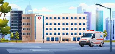 Şehirde ambulans arabası olan hastane binası. Tıbbi klinik tasarım manzara vektörü çizimi