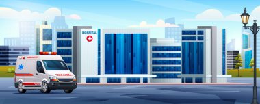 Şehirde ambulansla acil servis arabası olan bir hastane binası. Tıbbi klinik tasarım manzara vektörü çizimi