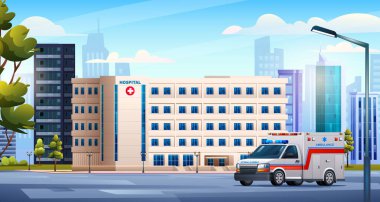 Şehirde ambulans arabası olan hastane binası. Tıbbi klinik manzara arka plan vektör illüstrasyonu