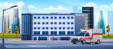 Ambulans arabalı hastane binası. Tıbbi klinik tasarımı arka plan çizimi