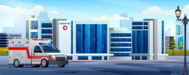Ambulans arabası olan hastane binası. Tıbbi klinik tasarımı arka plan çizimi