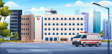 Ambulans arabası ve tıbbi helikopterli hastane binası. Tıbbi klinik konsept tasarım arka plan çizimi