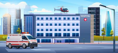 Ambulans arabası ve tıbbi helikopterli hastane binası. Tıbbi konsept tasarım arka plan çizimi