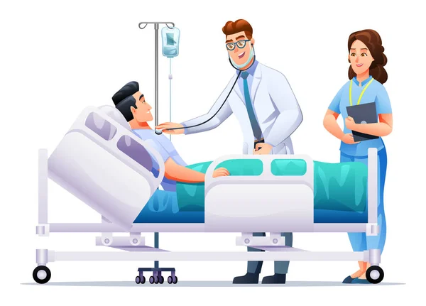 Docteur Infirmière Rendent Visite Malade Allongé Sur Lit Hôpital Concept — Image vectorielle