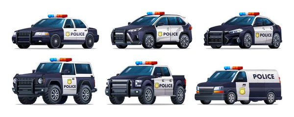 さまざまなタイプの警察車のセット パトロールの公式車両 セダン スミス ピックアップ ベクトルイラスト — ストックベクタ