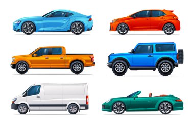 Farklı tipte arabalar. Sedan, hatchback, sedan, pikap, 4x4, üstü açılabilir, minibüs. Yan görünüm vektör illüstrasyonu