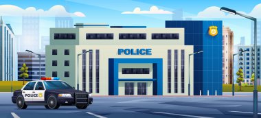 Şehir planında devriye arabası olan bir karakol binası. Polis departmanı ve şehir manzarası çizimleri