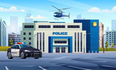 Şehrin arka planında devriye arabası ve helikopteri olan bir karakol binası. Polis departmanı ofisi. Şehir peyzaj vektörü karikatür çizimi