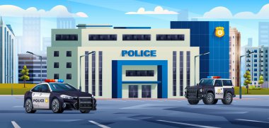 Şehir planında devriye arabaları olan bir karakol binası. Polis departmanı ofisi. Şehir manzarası karikatür çizimi