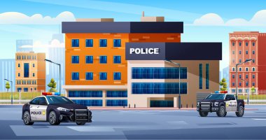 Şehir planında devriye arabaları olan bir karakol binası. Polis departmanı ofisi. Şehir manzara vektör illüstrasyonu