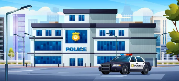 市民景観を背景にパトロールカーを備えた警察署ビル 警察署と都市景観ベクター漫画イラスト — ストックベクタ