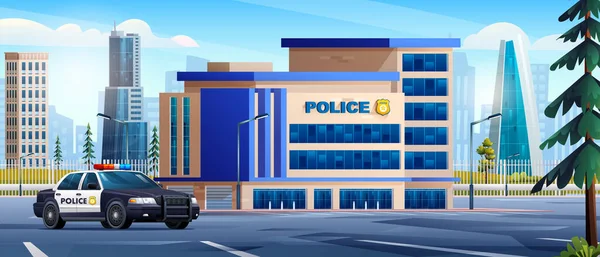 Polisstation Byggnad Med Patrullbil Och Stadslandskap Polisen Kontor Stadsbilden Bakgrund — Stock vektor