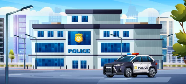 Polizeigebäude Mit Streifenwagen Und Stadtlandschaft Polizei Büro Auf Stadtbild Hintergrund — Stockvektor