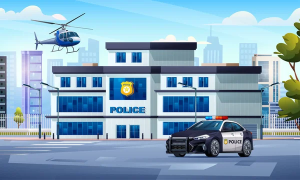 Polisstation Byggnad Med Patrullbil Och Helikopter Stadslandskapet Poliskontoret Cityscape Bakgrund — Stock vektor