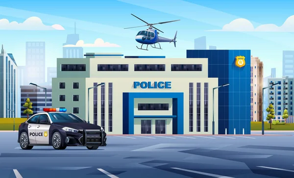 Polisstation Byggnad Med Patrullbil Och Helikopter Stadsbilden Bakgrund Poliskontoret Staden — Stock vektor