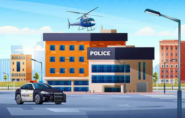 Polisstation Byggnad Med Patrullbil Och Helikopter Stadsbilden Bakgrund Polisens Kontor — Stock vektor