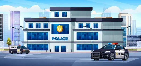 Polisstation Byggnad Med Patrullbilar Och Stadslandskap Poliskontoret Cityscape Bakgrund Tecknad — Stock vektor