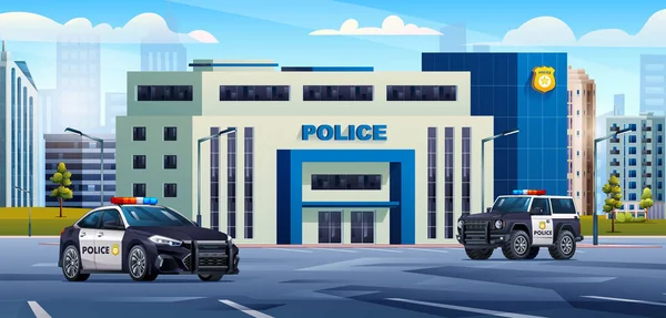 Polisstation Byggnad Med Patrullbilar Stadsbilden Bakgrund Poliskontoret Stad Landskap Tecknad — Stock vektor