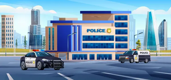 Polisstation Byggnad Med Patrullbilar Och Stadslandskap Poliskontoret Cityscape Bakgrund Vektor — Stock vektor