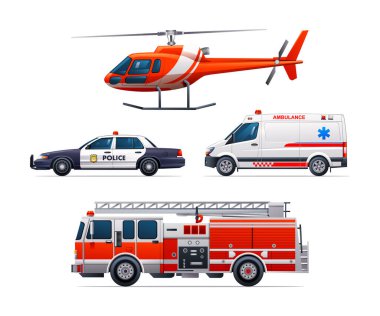 Bir takım acil durum araçları. Polis arabası, ambulans, itfaiye aracı ve helikopter. Resmi acil servis araçları yan görünüm vektör çizimi