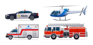 Acil durum aracı hazır. Polis arabası, itfaiye aracı, ambulans ve helikopter. Resmi acil servis araçları yan görünüm vektör çizimi