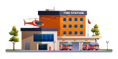 İtfaiye binası, itfaiye ve helikopter. İtfaiye Departmanı, itfaiye araçları vektör ilülasyonu
