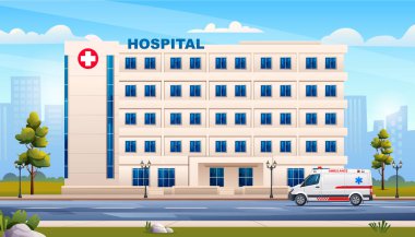 Ambulans acil arabası olan devlet hastanesi binası. Şehir planındaki tıbbi klinikte. Vektör çizgi film illüstrasyonu