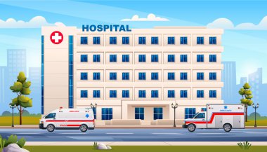 Ambulans acil durum arabalı devlet hastanesi binası. Şehir planındaki tıbbi klinikte. Vektör çizgi film illüstrasyonu