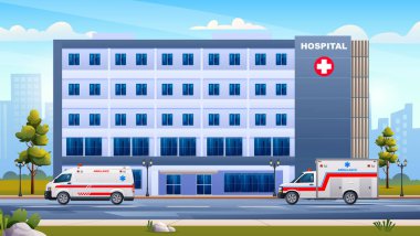 Şehir manzarası vektör illüstrasyonunda ambulans acil durum arabaları olan devlet hastanesi binası